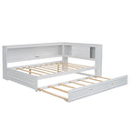 Modern Wood Platform Bed, Full Size Daybed with Storage Shelves, USB and LED, L Shape Floor-Bed with Trundle for Bedroom