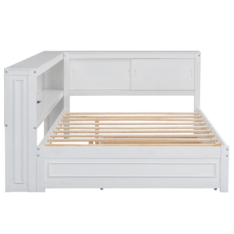 Modern Wood Platform Bed, Full Size Daybed with Storage Shelves, USB and LED, L Shape Floor-Bed with Trundle for Bedroom