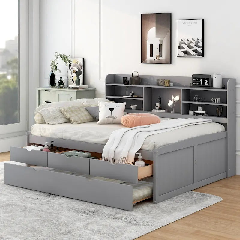 Wooden Storage Bed, Full Size Captain Bed with Built-in Bookshelves and Three Drawers, Platform Bed with Trundle for Bedroom