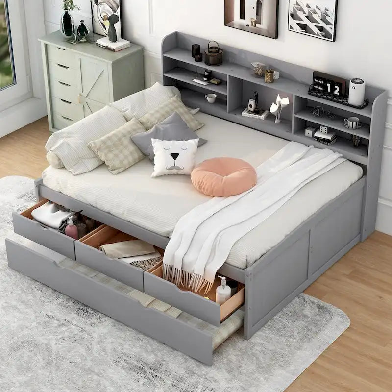 Wooden Storage Bed, Full Size Captain Bed with Built-in Bookshelves and Three Drawers, Platform Bed with Trundle for Bedroom