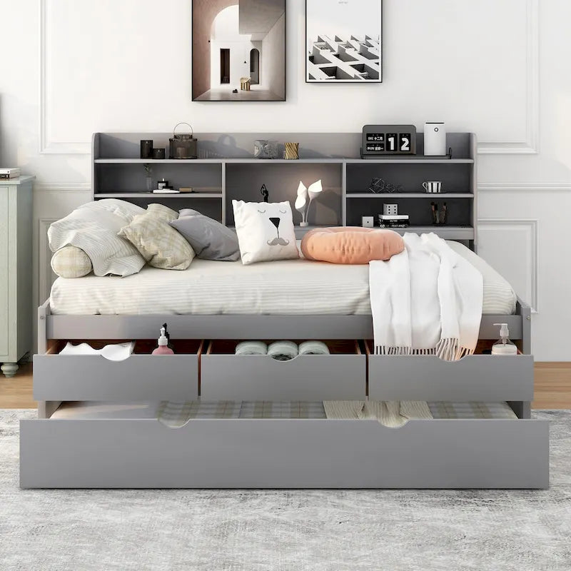 Wooden Storage Bed, Full Size Captain Bed with Built-in Bookshelves and Three Drawers, Platform Bed with Trundle for Bedroom