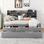 Wooden Storage Bed, Full Size Captain Bed with Built-in Bookshelves and Three Drawers, Platform Bed with Trundle for Bedroom
