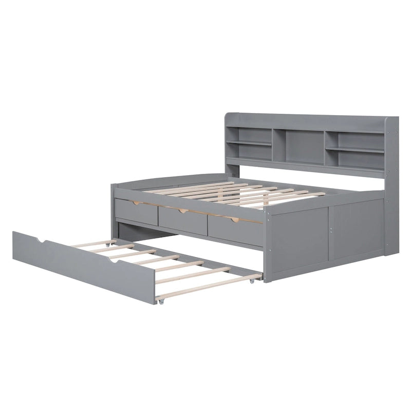 Wooden Storage Bed, Full Size Captain Bed with Built-in Bookshelves and Three Drawers, Platform Bed with Trundle for Bedroom