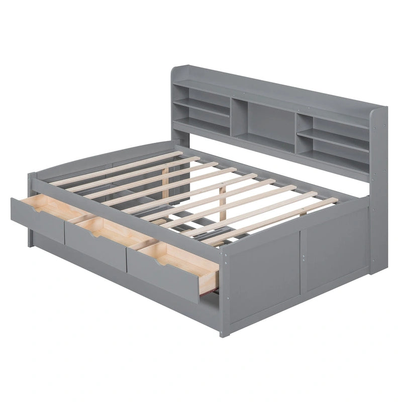 Wooden Storage Bed, Full Size Captain Bed with Built-in Bookshelves and Three Drawers, Platform Bed with Trundle for Bedroom