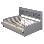 Wooden Storage Bed, Full Size Captain Bed with Built-in Bookshelves and Three Drawers, Platform Bed with Trundle for Bedroom
