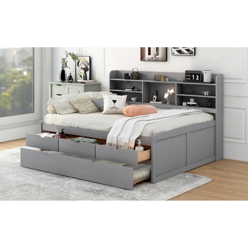 Wooden Storage Bed, Full Size Captain Bed with Built-in Bookshelves and Three Drawers, Platform Bed with Trundle for Bedroom