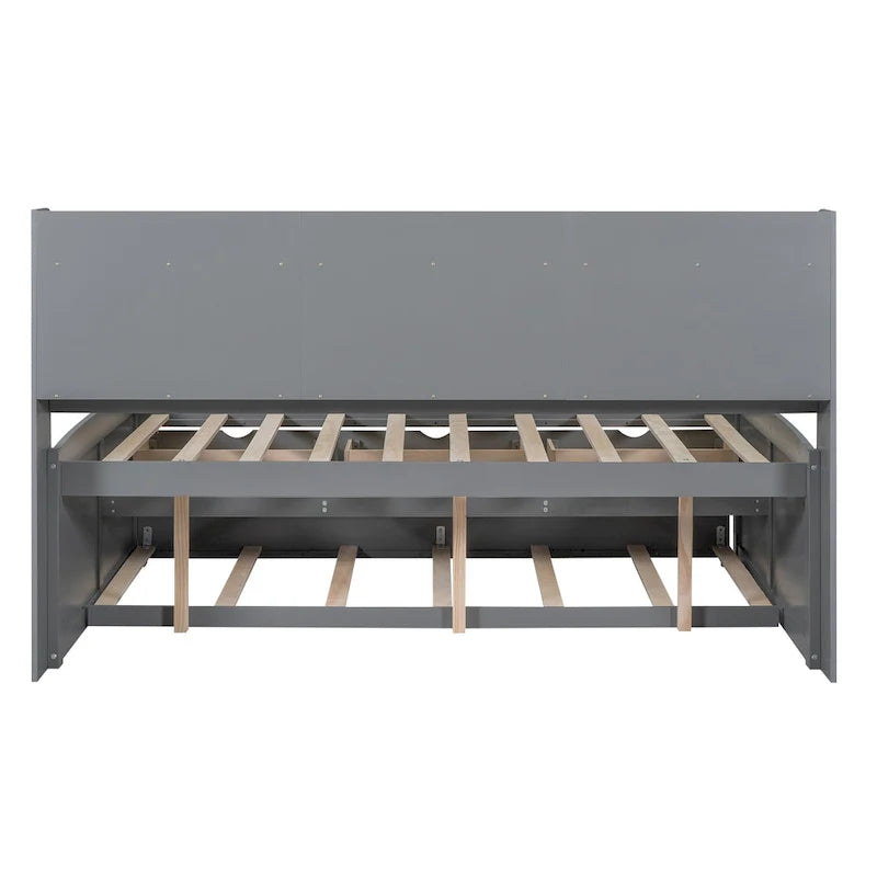 Wooden Storage Bed, Full Size Captain Bed with Built-in Bookshelves and Three Drawers, Platform Bed with Trundle for Bedroom