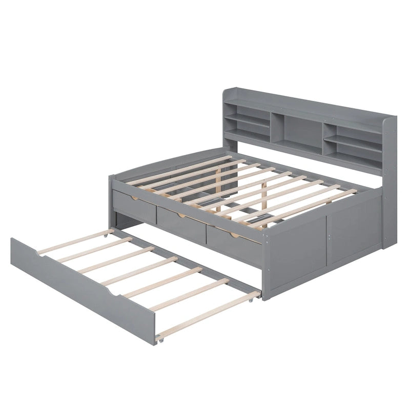 Wooden Storage Bed, Full Size Captain Bed with Built-in Bookshelves and Three Drawers, Platform Bed with Trundle for Bedroom