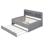 Wooden Storage Bed, Full Size Captain Bed with Built-in Bookshelves and Three Drawers, Platform Bed with Trundle for Bedroom