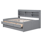Wooden Storage Bed, Full Size Captain Bed with Built-in Bookshelves and Three Drawers, Platform Bed with Trundle for Bedroom