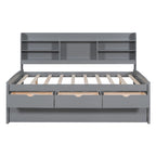 Wooden Storage Bed, Full Size Captain Bed with Built-in Bookshelves and Three Drawers, Platform Bed with Trundle for Bedroom