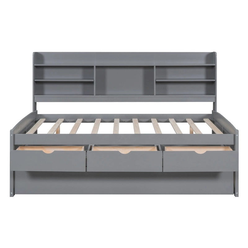 Wooden Storage Bed, Full Size Captain Bed with Built-in Bookshelves and Three Drawers, Platform Bed with Trundle for Bedroom