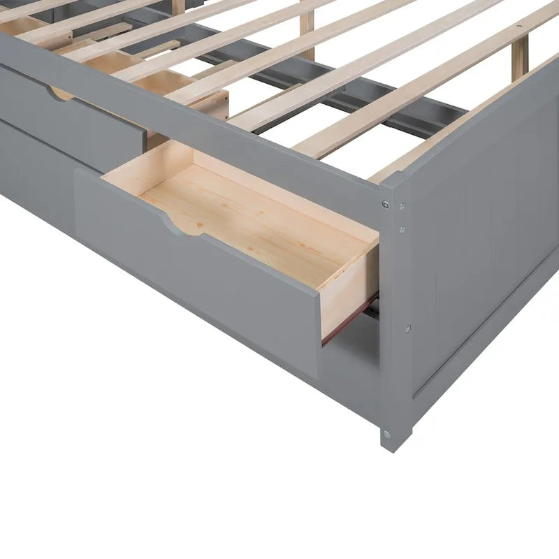 Wooden Storage Bed, Full Size Captain Bed with Built-in Bookshelves and Three Drawers, Platform Bed with Trundle for Bedroom
