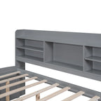 Wooden Storage Bed, Full Size Captain Bed with Built-in Bookshelves and Three Drawers, Platform Bed with Trundle for Bedroom
