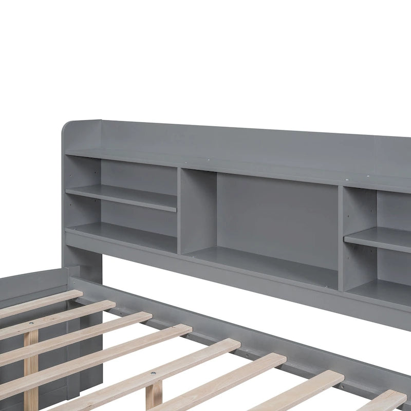 Wooden Storage Bed, Full Size Captain Bed with Built-in Bookshelves and Three Drawers, Platform Bed with Trundle for Bedroom