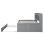 Wooden Storage Bed, Full Size Captain Bed with Built-in Bookshelves and Three Drawers, Platform Bed with Trundle for Bedroom