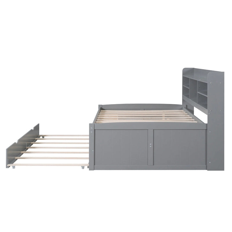 Wooden Storage Bed, Full Size Captain Bed with Built-in Bookshelves and Three Drawers, Platform Bed with Trundle for Bedroom