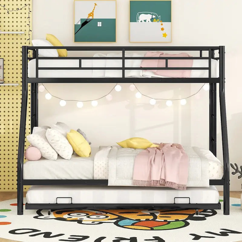 Bed with Sturdy Steel Frame, Bunk Bed with Trundle, Two-Side Ladders