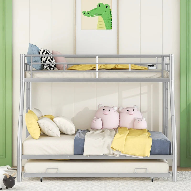 Bed with Sturdy Steel Frame, Bunk Bed with Trundle, Two-Side Ladders