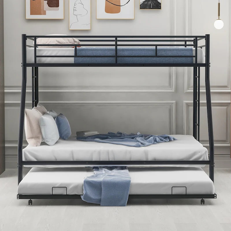 Bed with Sturdy Steel Frame, Bunk Bed with Trundle, Two-Side Ladders