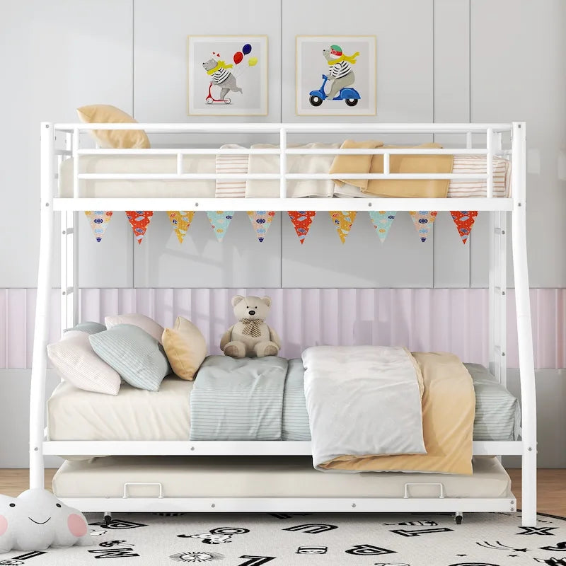 Bed with Sturdy Steel Frame, Bunk Bed with Trundle, Two-Side Ladders