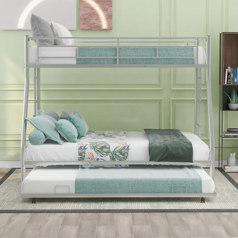 Bed with Sturdy Steel Frame, Bunk Bed with Trundle, Two-Side Ladders