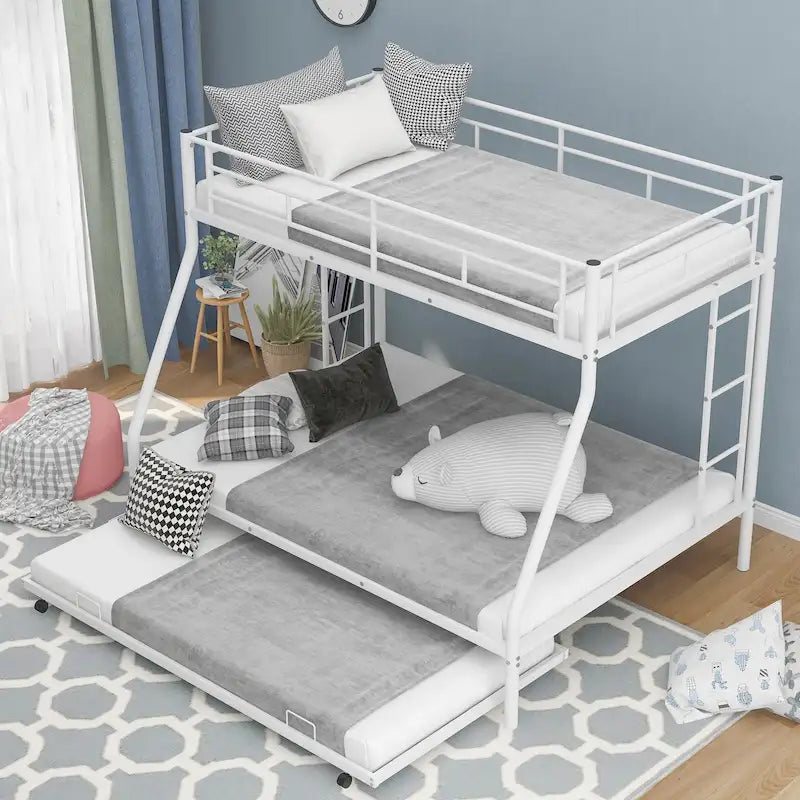 Bed with Sturdy Steel Frame, Bunk Bed with Trundle, Two-Side Ladders