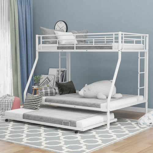 Bed with Sturdy Steel Frame, Bunk Bed with Trundle, Two-Side Ladders