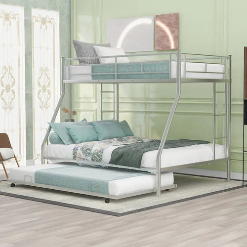 Bed with Sturdy Steel Frame, Bunk Bed with Trundle, Two-Side Ladders
