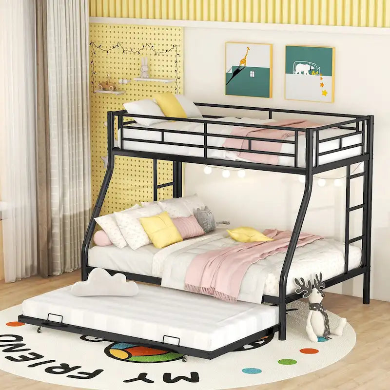 Bed with Sturdy Steel Frame, Bunk Bed with Trundle, Two-Side Ladders