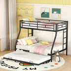 Bed with Sturdy Steel Frame, Bunk Bed with Trundle, Two-Side Ladders