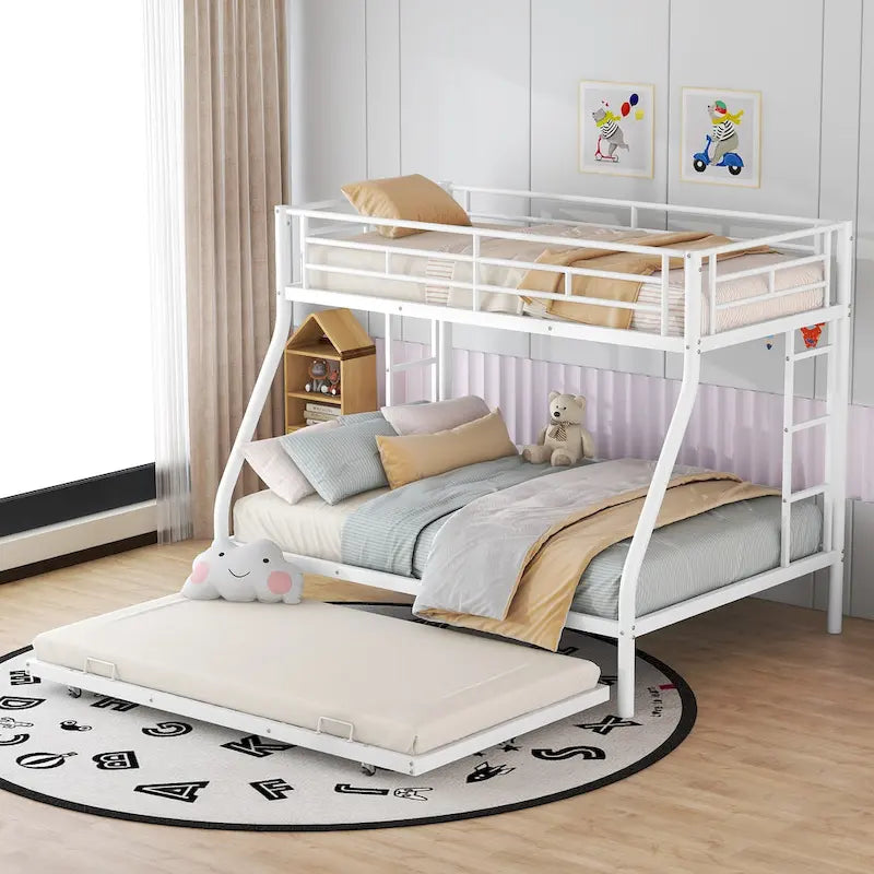 Bed with Sturdy Steel Frame, Bunk Bed with Trundle, Two-Side Ladders