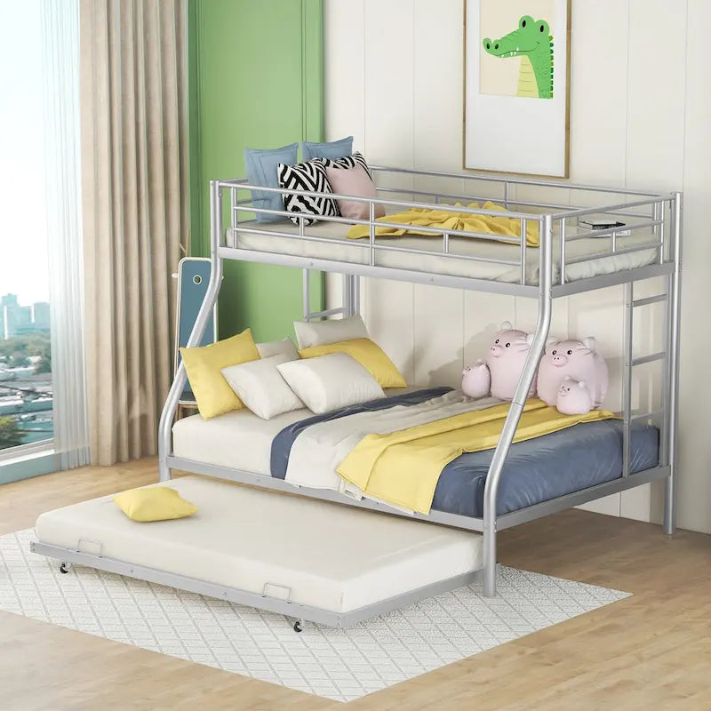 Bed with Sturdy Steel Frame, Bunk Bed with Trundle, Two-Side Ladders