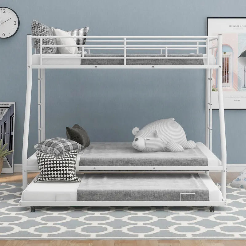 Bed with Sturdy Steel Frame, Bunk Bed with Trundle, Two-Side Ladders