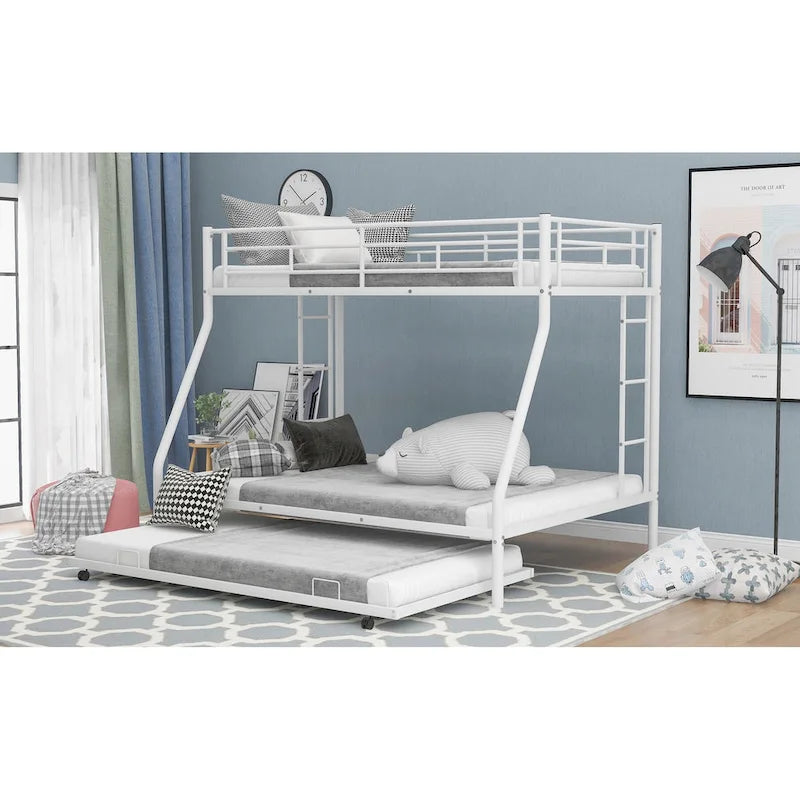 Bed with Sturdy Steel Frame, Bunk Bed with Trundle, Two-Side Ladders