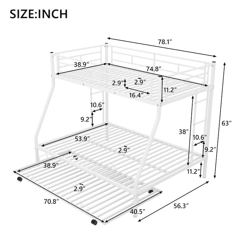 Bed with Sturdy Steel Frame, Bunk Bed with Trundle, Two-Side Ladders