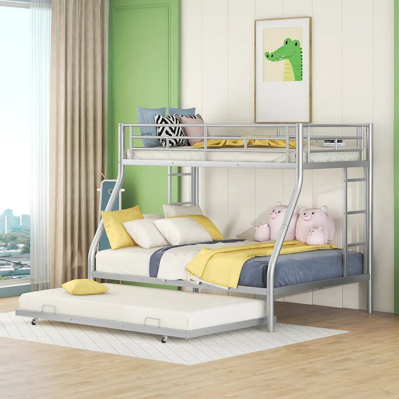 Bed with Sturdy Steel Frame, Bunk Bed with Trundle, Two-Side Ladders