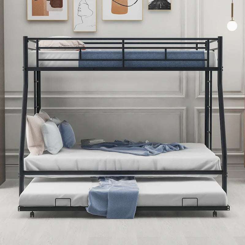 Bed with Sturdy Steel Frame, Bunk Bed with Trundle, Two-Side Ladders