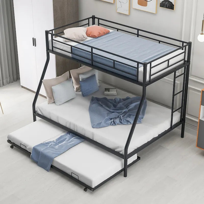 Bed with Sturdy Steel Frame, Bunk Bed with Trundle, Two-Side Ladders