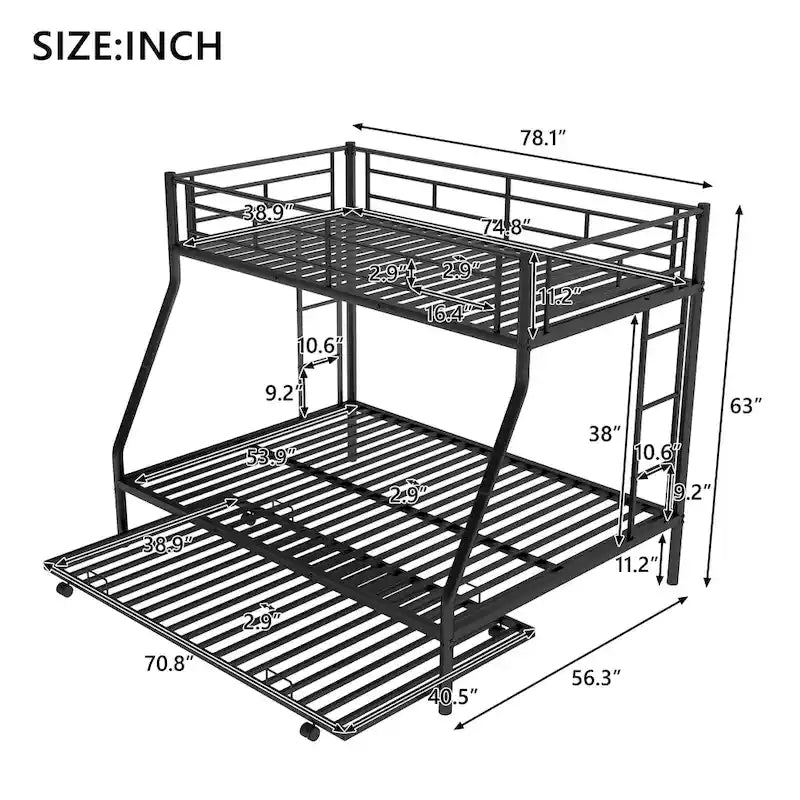Bed with Sturdy Steel Frame, Bunk Bed with Trundle, Two-Side Ladders