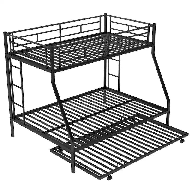 Bed with Sturdy Steel Frame, Bunk Bed with Trundle, Two-Side Ladders