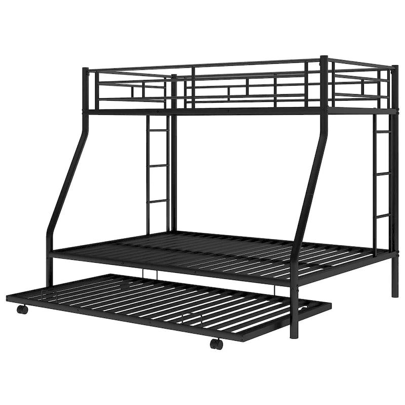 Bed with Sturdy Steel Frame, Bunk Bed with Trundle, Two-Side Ladders