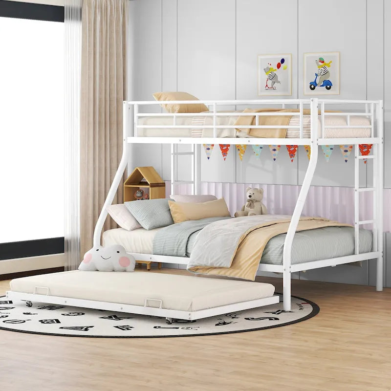 Bed with Sturdy Steel Frame, Bunk Bed with Trundle, Two-Side Ladders