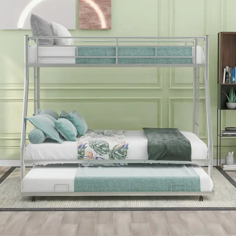 Bed with Sturdy Steel Frame, Bunk Bed with Trundle, Two-Side Ladders