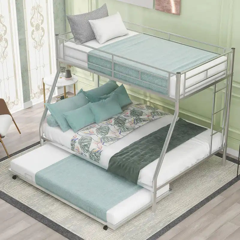 Bed with Sturdy Steel Frame, Bunk Bed with Trundle, Two-Side Ladders
