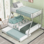 Bed with Sturdy Steel Frame, Bunk Bed with Trundle, Two-Side Ladders