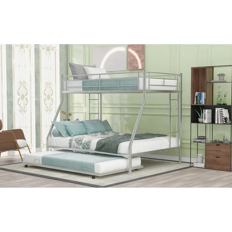 Bed with Sturdy Steel Frame, Bunk Bed with Trundle, Two-Side Ladders