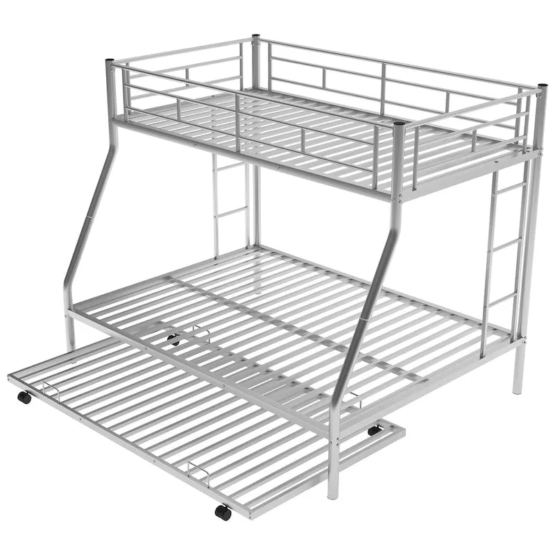 Bed with Sturdy Steel Frame, Bunk Bed with Trundle, Two-Side Ladders