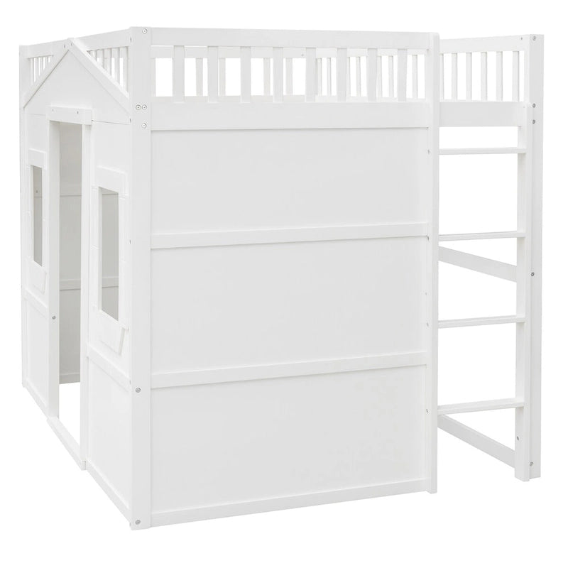 White Full Size Solid Pine Wood Loft Bed with Ladder, 400 lbs Capacity