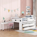 Full Size Loft Bed with Retractable Writing Desk and 4 Drawers, Wooden Loft Bed with Lateral Portable Desk and Shelves
